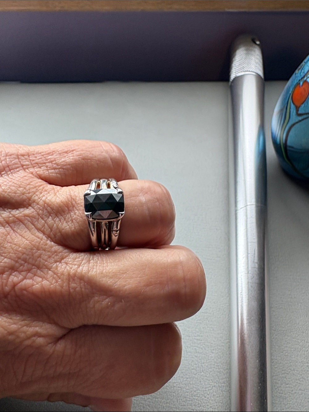 John Hardy hematite and Sterling silver triple row bamboo ring.